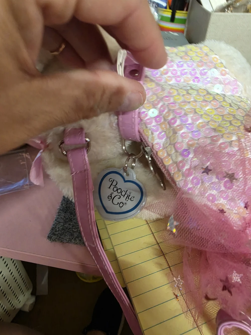 AT-1 Plush White Dog Handbag with Pink Ribbon Accent